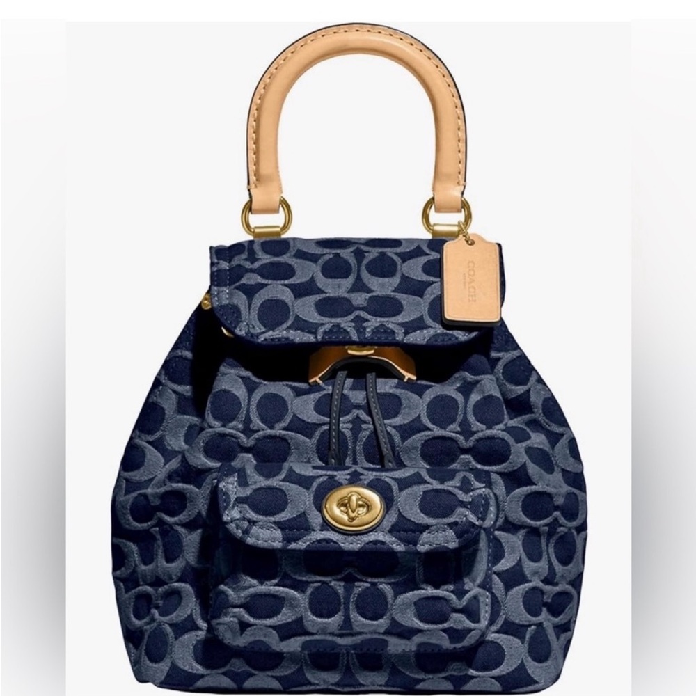 Coach Navy Signature Canvas Backpack with Tan Leather Top Handle